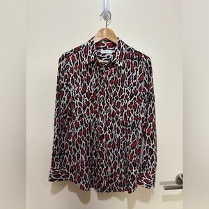 Silk Long Sleeve Blouse in Chili Leopard Print by Equipment, Size Small